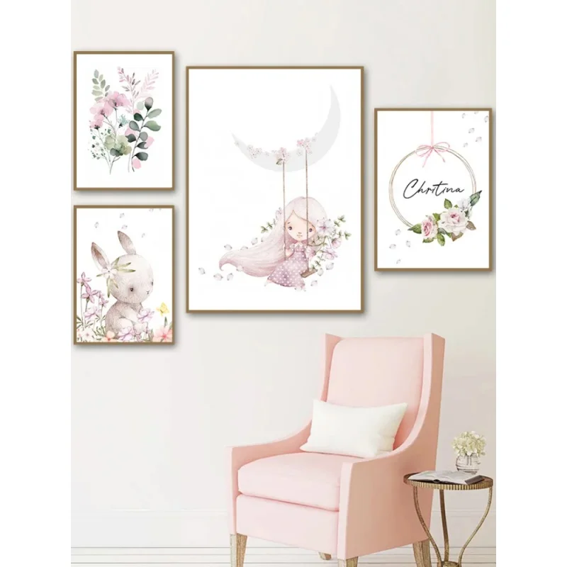 Resin Art Wall Decor - 北欧風漫画美学ウォールアート ピンクの女の子 ウサギ 花 名前入りカスタム保育園HDオイルオンダイヤモンドポスター ホーム寝室装飾ギフト