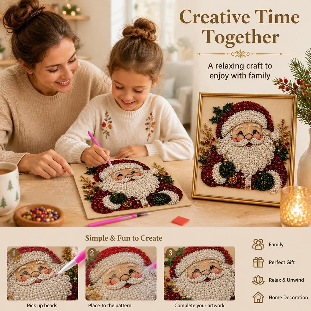 Resin Art Wall Decor - クリスマス サンタクロース パールアート DIYキット 額入りビーズ刺繍クラフト 壁飾り