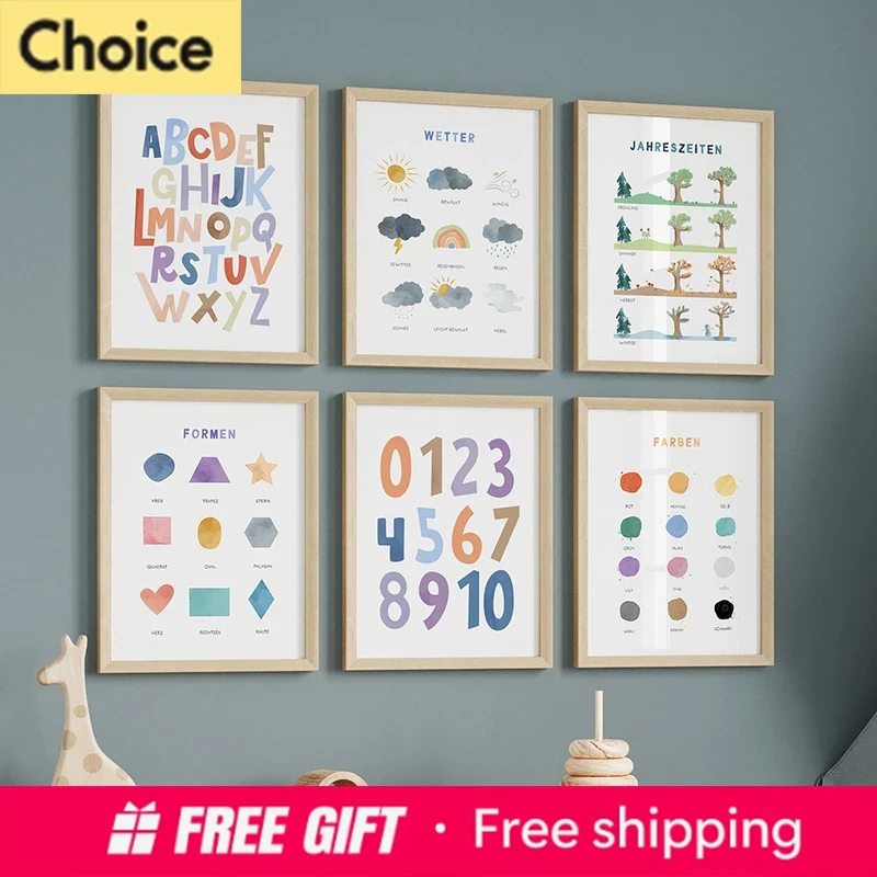 Resin Art Learning - 子供向けドイツ語学習ポスター、ダイヤモンドペインティング、子供部屋ABC数字ウォールアート、保育園装飾