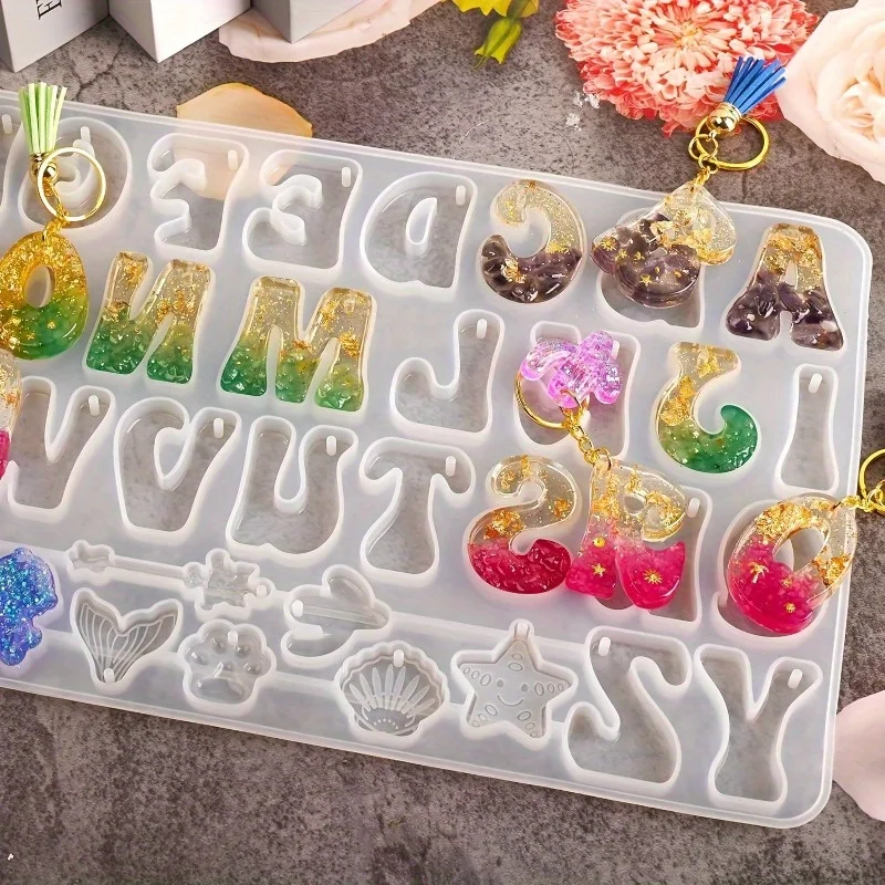 Resin Art Alphabet - シリコーン樹脂鋳造金型セット アルファベット逆文字型 DIY キーホルダー用、吊り下げ穴付きエポキシ樹脂金型