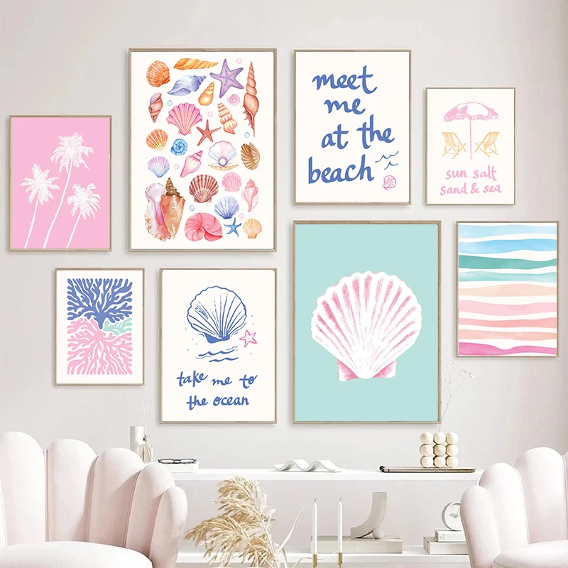 Resin Art Wall Decor - 海岸ギャラリーウォールアート夏の海アートプリントポスターガーリートレンディビーチ貝殻ダイヤモンドペインティングハウス寝室の装飾クアドール