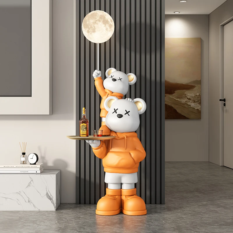 Resin Art Floor - 現代美術、家の装飾、ウェルカムスタチュー、樹脂製のクマの置物、彫刻、床の装飾、パレット収納付き、貯金箱、動物の置物